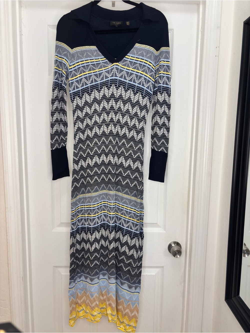 Ted Baker Navy, White, Light Blue & Yellow Geometric Maxi Dress